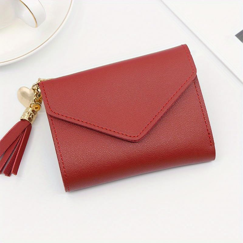 1pc Stylish Synthetic Leather Wallet | Compact Patchwork Design, Multiple Colors, Metal Heart & Tassel Decor, Trendy Coin Purse for Women2