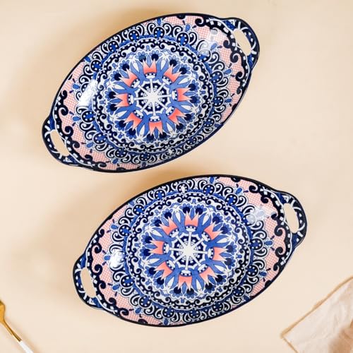 Image of Nestasia Set of 2 Blue Mandala Design Ceramic Serving Platter with Handles for Snacks, Appetizers, Salads, and Noodles | Microwave Safe, Dishwasher Safe (10.8 Inch)
