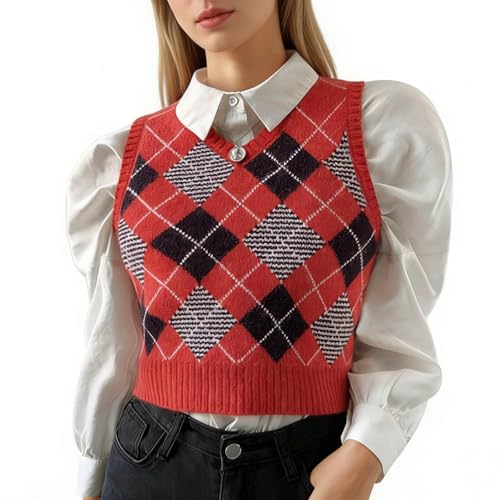 Image of Women's Sweater Vest,Y2K Sleeveless Pattern Preppy Style Knitted Crop Tank Top for Girl