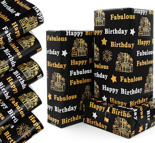 5pcs 50 * 70cm Gold and Black Gift Wrapping Paper Sheets for Birthday QRTDXP Large Birthday Paper Perfect for Man Woman Present Wrapping