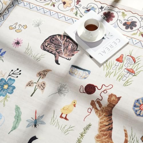 Round Rug 4ft Washable Circle Rug Non Slip Low Pile Boho Floral Animal Cat Small Circular Rug for Bedroom Bathroom Entryway Kids Room Office College Dorm, Beige
