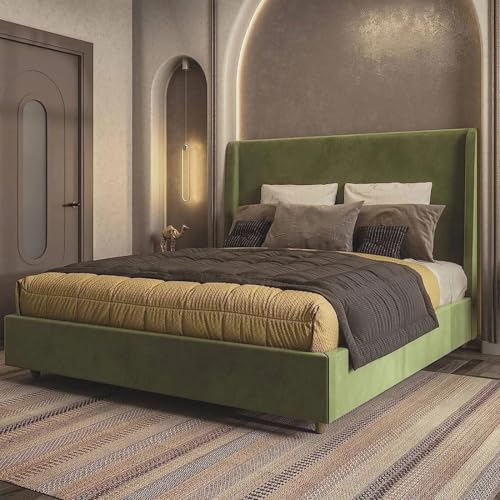 Image of Wooden Modern Upholstered King Size Bed for Bedroom | Wooden Double Bed Without Storage | Platform Cot Upholstered Bed with Upholstery Fabric | Engineered Wood | 6.5 x 6 Ft | Green