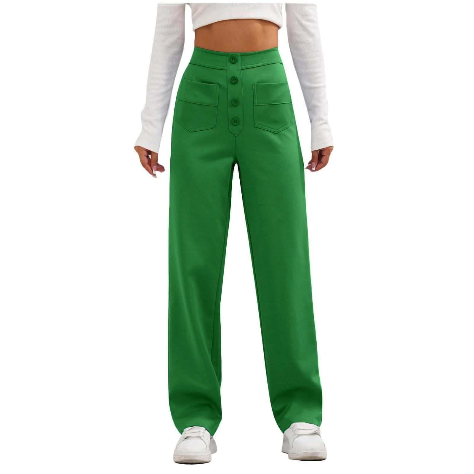 ZWRXW Womens Casual Straight Leg Pants High Waisted Wide Leg Pants Button Down Elastic Waist Business Work Pants