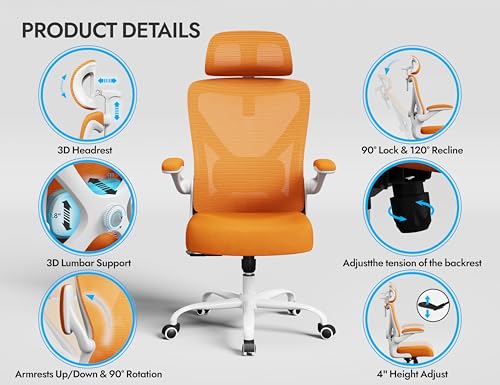 Image of Ergonomic Office Chair - Mesh Desk Chair with Adjustable Lumbar Support High Back Computer Gaming Chairs - Big and Tall Office Chairs Adults, Comfortable for Long Hours, Orange