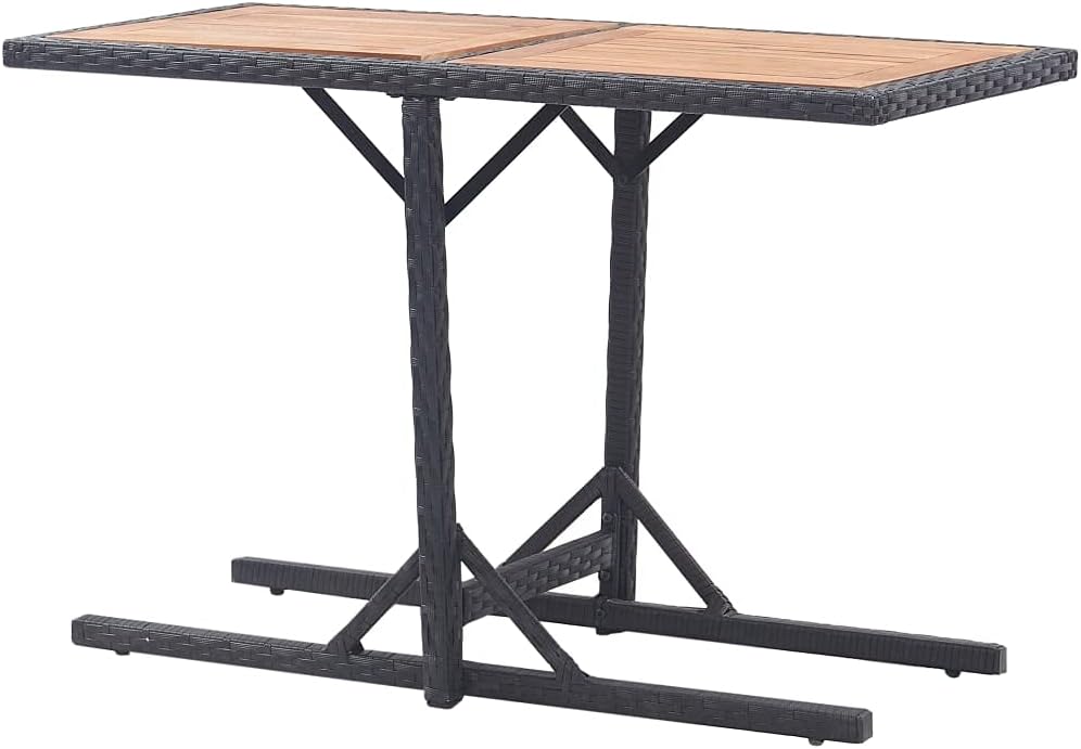 Stylish Rustic Patio Dining Table, Sturdy Patio Table with Steel Frame, Weather Resistant Coffee Table for Backyard or Living Room, Patio Table Black Solid Acacia Wood and Poly Rattan