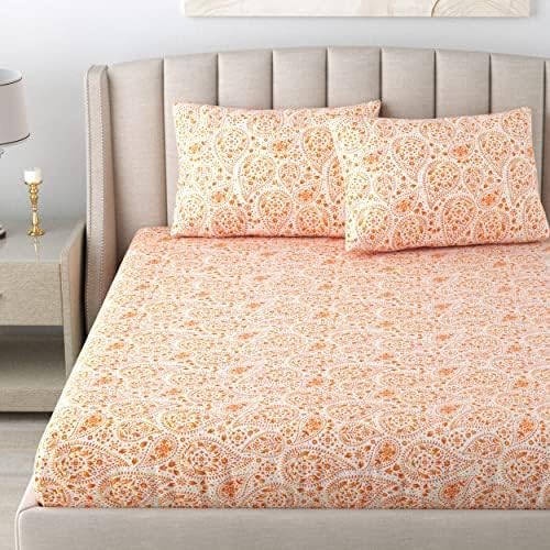 Image of LINENWALAS 100% Cotton Twill Weave All-Around Elastic Fitted Bedsheet with 2 Pillow Covers for Queen Size Bed - 200 TC, Soft Durable & Economical Printed Sheets (60x78 Inch, Paisley Drop Orange)