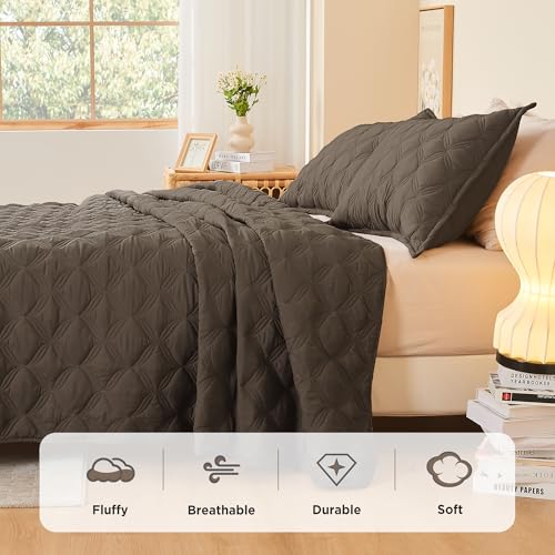 Image of Litanika Queen Quilt Bedding Set, Chocolate Summer Lightweight Soft Comforter Bedspreads & Coverlets, Boho Farmhouse Bedding Cover Bed Decor All Season, 3 Pieces (1 Quilt, 2 Pillowcases)