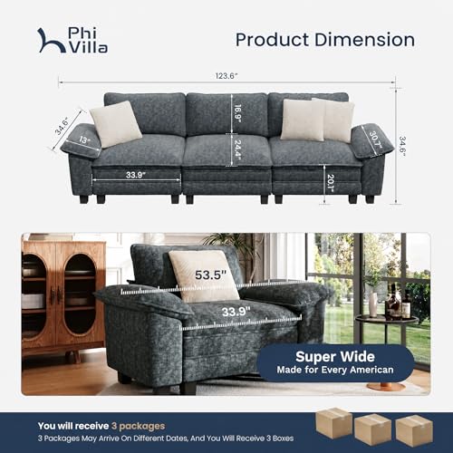 Image of PHI VILLA Modern Modular Couches Sets, 123.6 inch Cloud Sectional Sofa with Upholstered Deep Seat, 3-Seater Couch for Living Room Small Spaces, Chenille Fabric, Dark Cyan