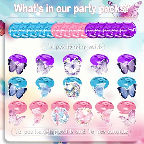 Image of Butterfly Hanging Swirls Party Decorations | 46 Pcs Pink Purple Butterfly Ceiling Streamers Spring Summer Themed Decor for Girl Baby Shower Birthday Wedding Fairy Party
