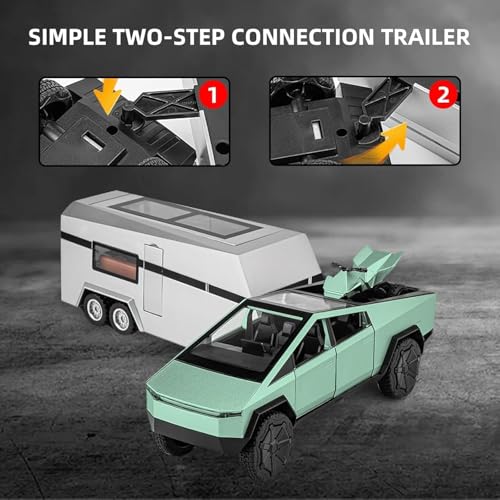 Image of 1:32 Scale Die-Cast Tesla CyberTruck with Pick-Up Trailer with 6 Openable Doors Pull Back Toy Car with Lights & MusicToy Car Gift for Kids (1:32 Cybertruck Trailer - Green)