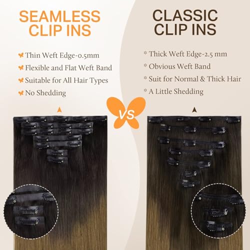 Image of DOORES Seamless Clip-in Hair Extensions, Chocolate Dip Color Melt 110g 7pcs 18 Inch, Invisi Edge Remy Natural Straight Hair