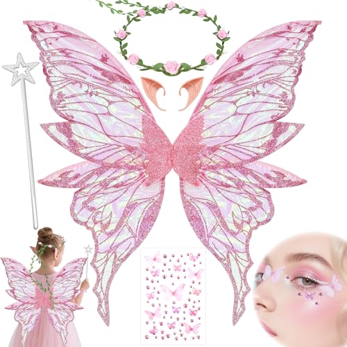 YeahBoom Feenflügel Kostüm,Schmetterlingsflügel mit Elfenöhren,Fee Stirnband und Sterne Feenstäbe,Schmetterlingsflügel,Prinzessinnenflügel,Flügel Kostüm für Fasching oder Feen-Mottopartys