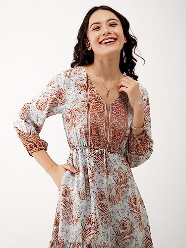 Image of AASK Abstract Printed Puff Sleeve Gathered Detailed Fit Flare Dress