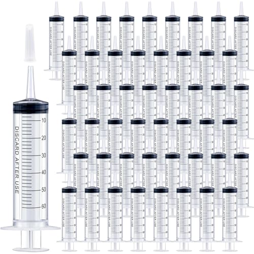 Image of 50 Pack 60mL Large Plastic Syringes with Catheter Tip and Caps, Clear Measuring Syringes for Liquids, Oral Feeding, Labs, Dispensing, Jello Shots, Home and Craft Use, No Needle