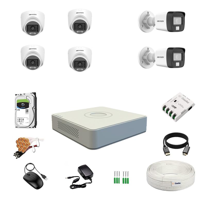 Image of Clocite HIKVISION 3K /5MP 8 Channel DVR, 3K (5MP) 4 Dome & 2 Bullet Cameras [Color Night Vision + Built-in Audio MIC + SMART Dual Light + Motion Detection] + 2 TB HDD 8 CH SMPS + CCTV Cable + BNC /DC