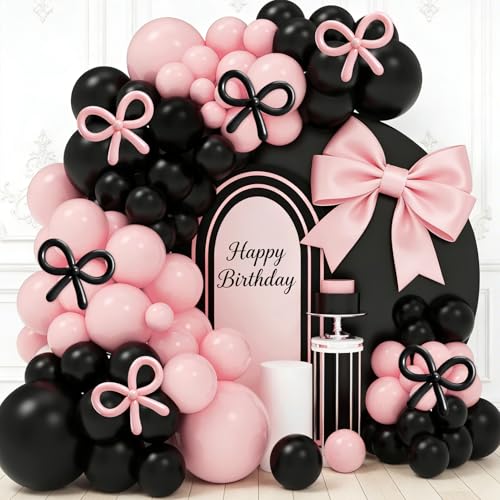 125 Pcs Black and Pink Balloon Garland Arch Kit Include 18in 10in 5in Pink Black Bow Balloons for Pink Bow Birthday Baby Shower Gender Reavel Wedding Party Decorations