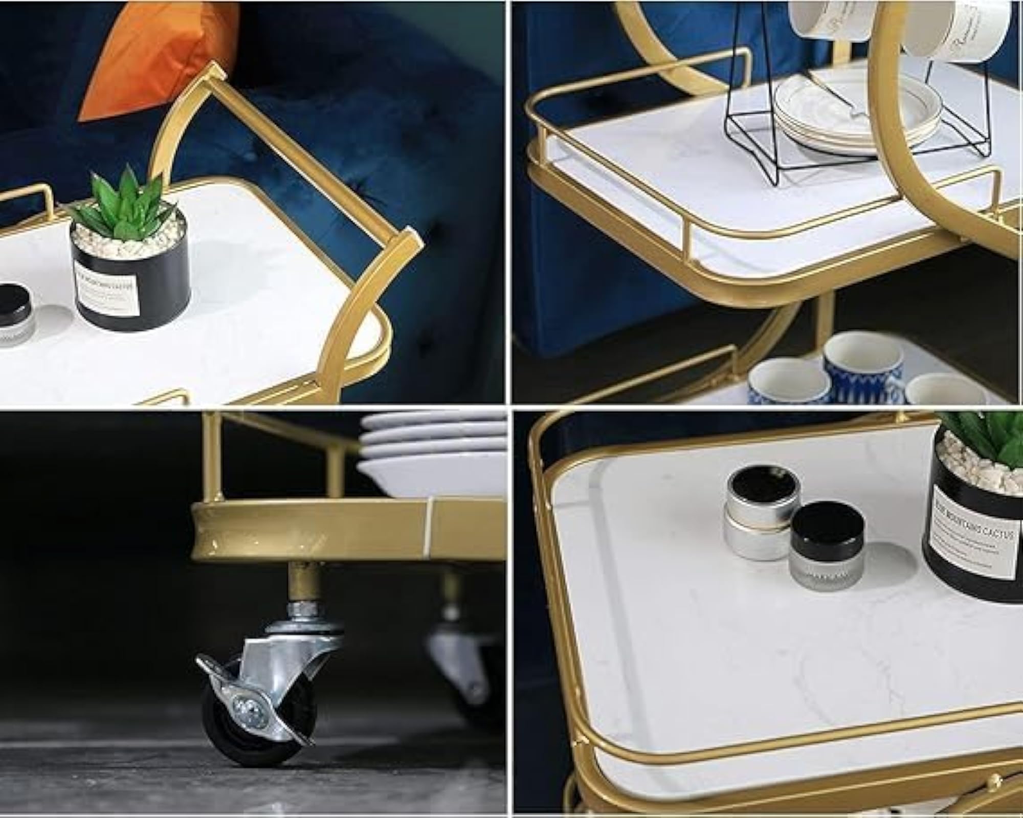 Premium Gold Metal Bar Cart with Glass Holders, Multi-Purpose Serving Trolley