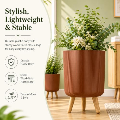 Image of Eightiz Store Modern Wood Brown Flower Pot with Plastic Legs | Indoor Outdoor Planter for Home Garden Balcony Decor Ribbed Design Sturdy Plastic Mid-Century Style (Wood Brown, Pack of 2)