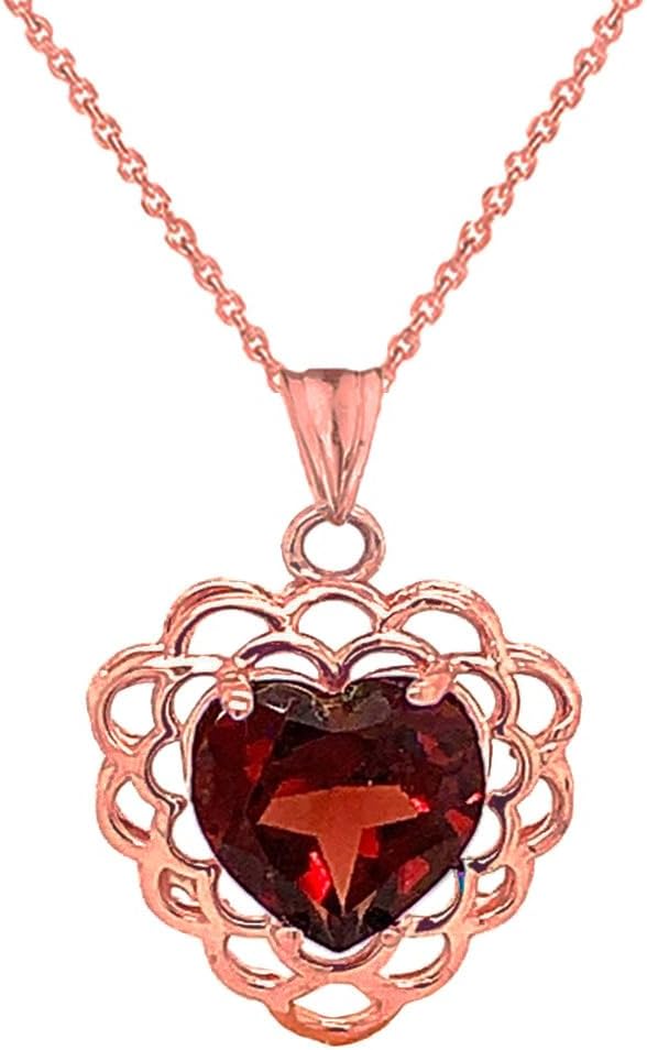 Certified 14k Gold Genuine Garnet Filigree Heart-Shaped Pendant Necklace