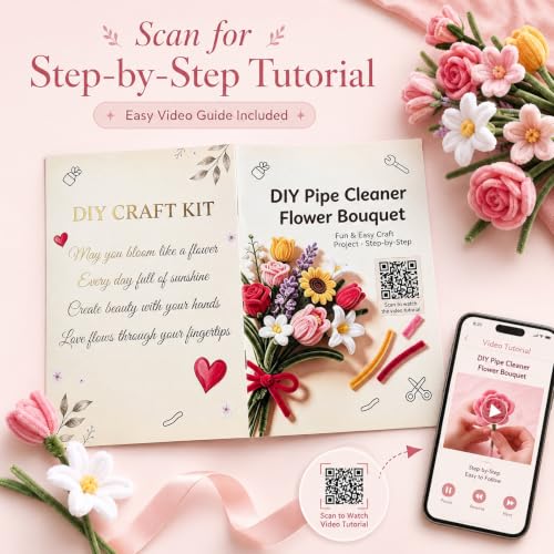 800 PCS Pipe Cleaners Flower Kit, 13 Colors Chenille Stems, With Handle, Packaging Paper and Ribbon Decoration and Instructions, DIY Bouquet Art Supplies, Art and Craft SuppliesValentines Day Rose Kit - Image 5