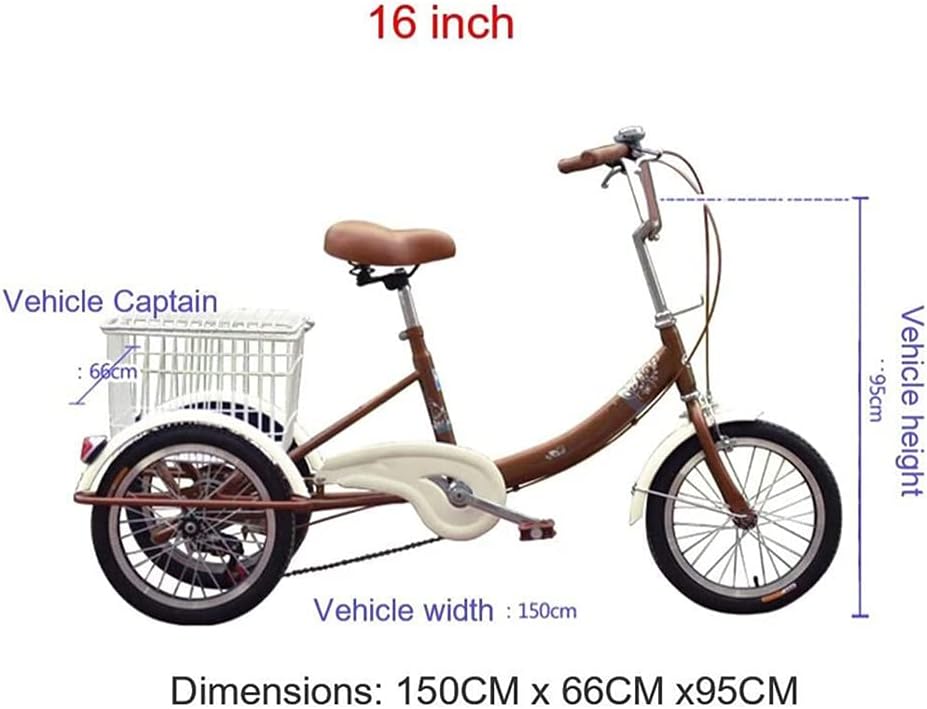 Three Wheel Bike 16 Inch Tricycle for Men & Women Seniors Rear Brake Cruise Bike Bicycles with Large Basket 3 Wheels Adult Tricycle for Shopping Cargo Bike Cycling Pedalling