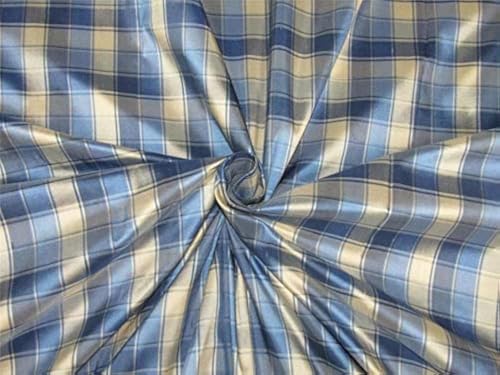 Tissu soie Dupioni au mètre à carreaux bleu ivoire DUP#C97 laize 54 pouces pour styliste