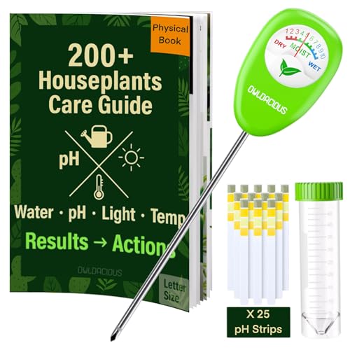 Owldacious Soil Moisture Meter for Plants â€“ Includes 200+ Houseplants Guide (Letter Size), 25 pH Test Strips & Sample Tube. Water Gauge for Indoor & Outdoor Plants.