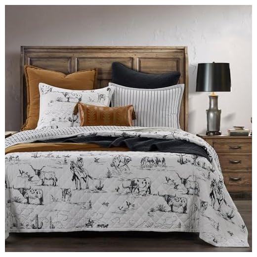 Paseo Road by HiEnd Accents Ranch Life Western Bedding, 3 Piece Full Queen Size Quilt Set, White Black Cow Cowboy Longhorn Horse Print Western Bed Set, Cotton Rustic Southwest Quilt with Pillow Shams