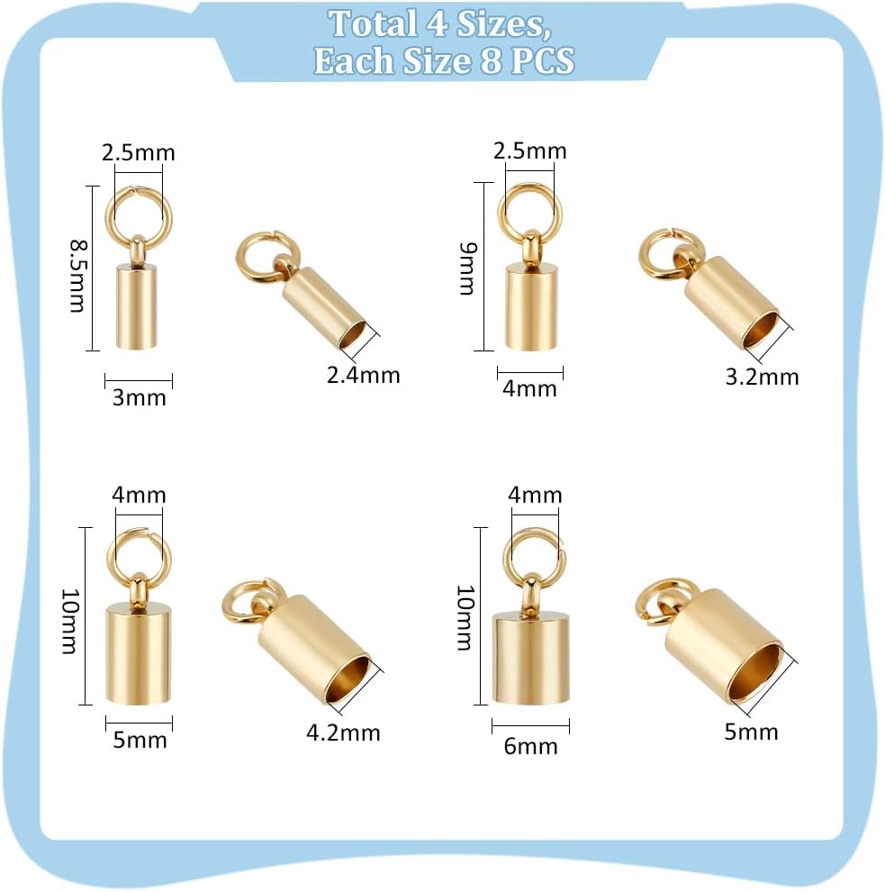 UNICRAFTALE 32pcs 4 Styles Stainless Steel Cord Ends Barrel End Caps Cord End Caps Golden Column Leather Cord Ends Jewelry Making End Caps Terminators Cord Bracelet Necklace Ends for Jewelry Making