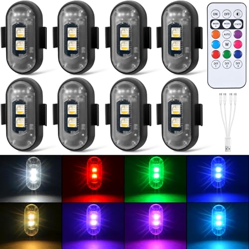 Image of 8PCS Wireless LED Strobe Lights with Remote Control, 8 Colors Rechargeable Led Lights Anti-Collision LED Emergency Warning Lights for Car Motorcycle Bike Drone Aircraft