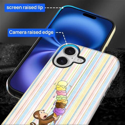 Goodsprout Case Compatible with iPhone 16, Girl Hybrid 2-Layer Hard Shell + Silicone Protective Case -Scratch-Resistant Shockproof - Colorful Stripes A Monkey Eating Ice Cream by Goodsprout - Used condition - Image 3