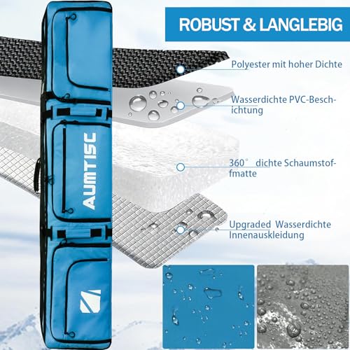 AUMTISC Snowboardtasche mit Rollen & Aufbewahrungstaschen, Gepolsterte Skitaschen verstellbare Länge (165-175 cm) und Verschließbarer Reißverschluss für Flugreisen