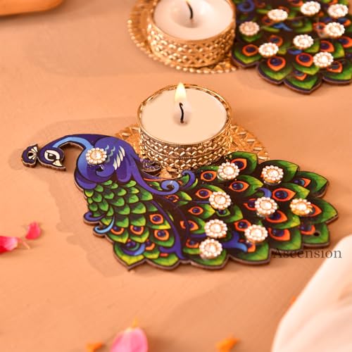 Image of Ascension Decorative Peacock Tealight Candle Holder Stand Set of 2 Mor Design Reusable Diya for Diwali Floor Rangoli Decorative Items for Gifting Indoor Outdoor Diwali Decoration Home & Office Decor
