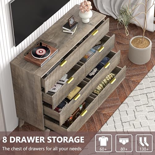 Image of Grey Dresser 8 Drawer Dresser for Bedroom, 47''W Fluted Wooden Dresser Storage Cabinet and Chest of Drawers with Metal Handle, Storage Organizer for Living Room, Hallway, Entryway, Gray