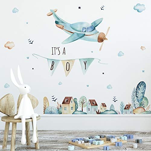 Image of Its a Boy Banner Airplane Wall Stickers Aircrafts Birthday Banner Nursery Wall Decal for Nursery Playroom Girls and Boys Children's Bedroom Home Decor