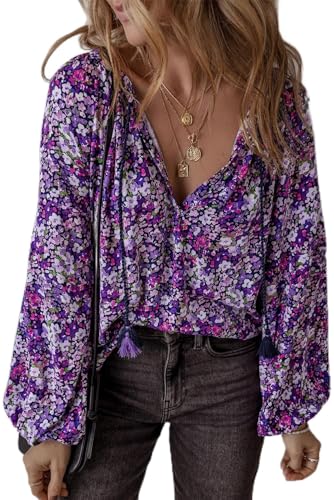 Purple Boho Flower Split V Neck Bubble Sleeve Blouse