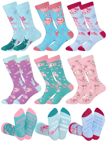 Shyyween 6 Pairs Axolotl Gift Socks for Women Girls Funny Cotton Crew Socks with Cute Pattern Holiday Gift for Axolotl Lovers, Multiple Colors, Small