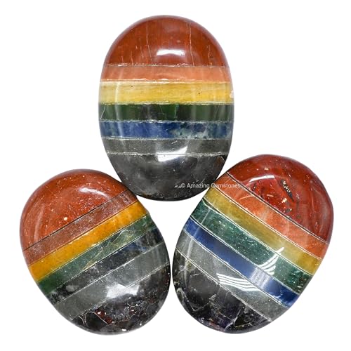 Image of Amazing Gemstone Seven Chakra Crystals and Healing Stones - Large Palm Stone Crystals Piedra - Crystal for Good Luck, Balanced Positive Energy, Meditation - Unique Stocking Stuffers Gifts for Women