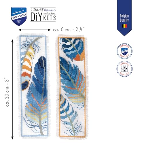 Image of Vervaco Cross Stitch Bookmark Kit Blue Feathers (Set of 2) 2.4 inch x 8 inch