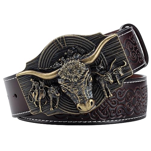 WYJRO Ledergürtel Herren, Herren Gürtel Western Cowboy, Jeansgürtel mit Longhorn-Stierkopf-Muster Schnalle Vintage-Gürtel mit geprägter Gravur,Braun,105CM/41.3''