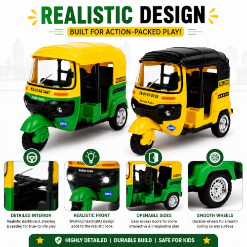 Image of PLUSPOINT Auto Rickshaw Toy,with Pull Back Action City Traffic Vehicles Public Transport Toy with Light and Sound for Aged 3 4 5 6 Boys and Girls,Kids Party Favors Gifts (Green- 2Pc)