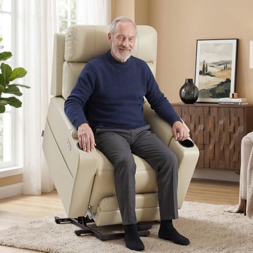 Image of MCombo Lift Chair for Tall Man 6'6'', Dual Motor Power Lift Recliner Chair for Elderly, Lay Flat for Sleeping, Heat and Massage, USB & Type C, Faux Leather 7755 (Cream White)