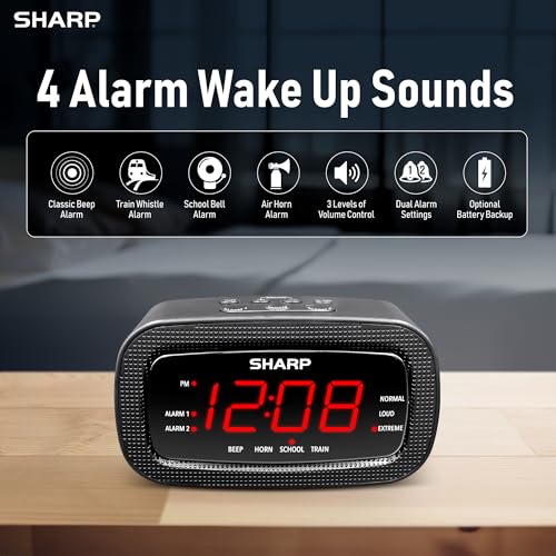 Image of Sharp Shockwave 105dB Super Loud Alarm Clock for Heavy Sleepers, Dual Alarm | Air horn, school bell, train whistle, beep, 3 volume levels, 9-minute snooze, 4-step dimmer, red LED, AA battery backup