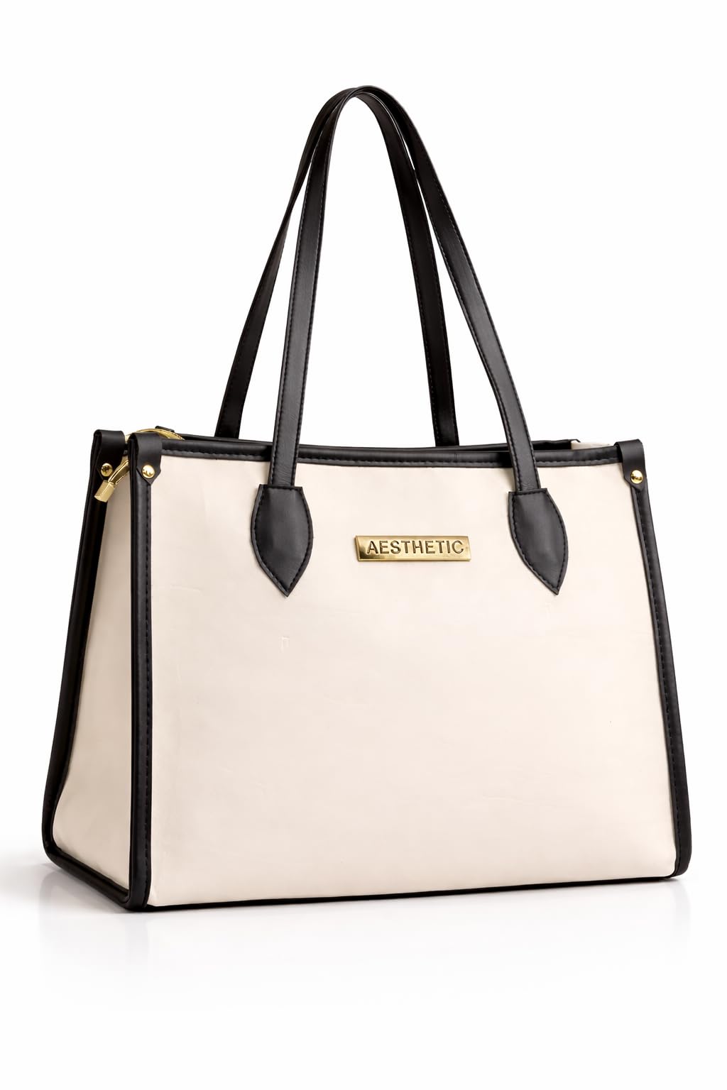 aesthetic handbags Women's Laptop Tote Bag Stylish Office Handbag for Women | Large Capacity Ladies Shoulder Bag | Premium Structured Leatherette Purse for Office, College & Travel | Beige Black-picture-22