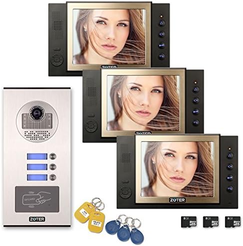 SOTER SECURITY Wired 8" Inch LCD Color Screen Monitor HD Camera Recording Video Door Bell Phone Intercom RFID Card Access Control Home Gate Entry Security Kit for 3 Families Apartment