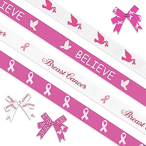 ABTOLS 4 Rolls 20 Yards Breast Cancer Awareness Ribbons, 3/8" Pink White Grosgrain Ribbons for Wrapping, Breast Cancer Ribbons Believe Pigeon Ribbon for Publicize Breast Cancer Awareness Month Decor