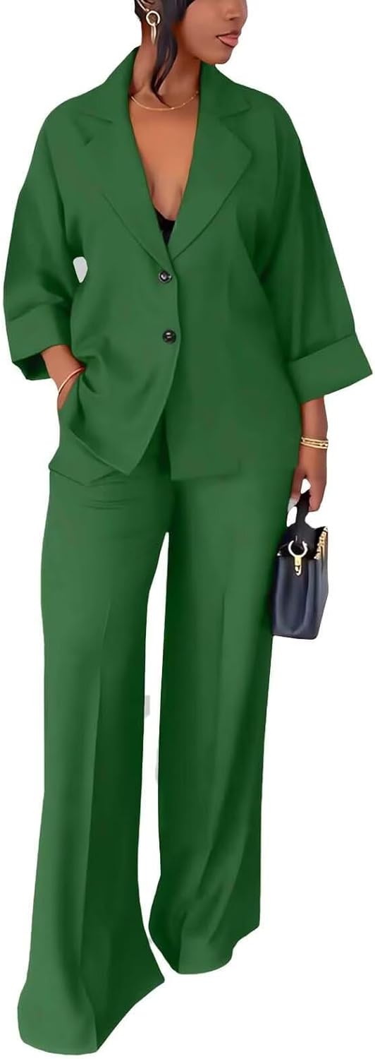 Casual Blazer Pants Suits for Women Dressy Oversized Long Sleeve Blazer and Wide Leg Pants 2 Piece Outfits