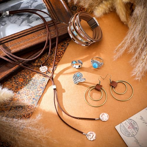 Image of Ecally Bohemian Western Jewelry Turquoise Set Women Country Pendant Long Choker Layered Bracelets Earrings Ring for Women