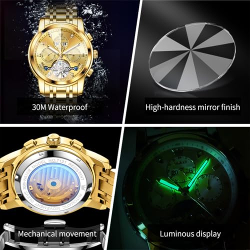 Image of OLEVS Men's Automatic Watch Batteryless Waterproof Mechanical Self Winding Stainless Steel Dress Luxuxry Wrist Watch with Tourbillon, Day-Day-Year & Chronograph Gift for Him Relojes de Hombres