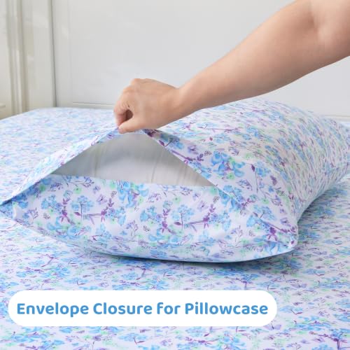 Image of Mooreeke Cozy Floral Microfiber Printed Queen Sheet Set - Soft & Breathable Blue Purple Floral Bed Sheets with Deep Pocket - Non-Slip Fitted Design - Blue Purple Flowers Pattern - Queen